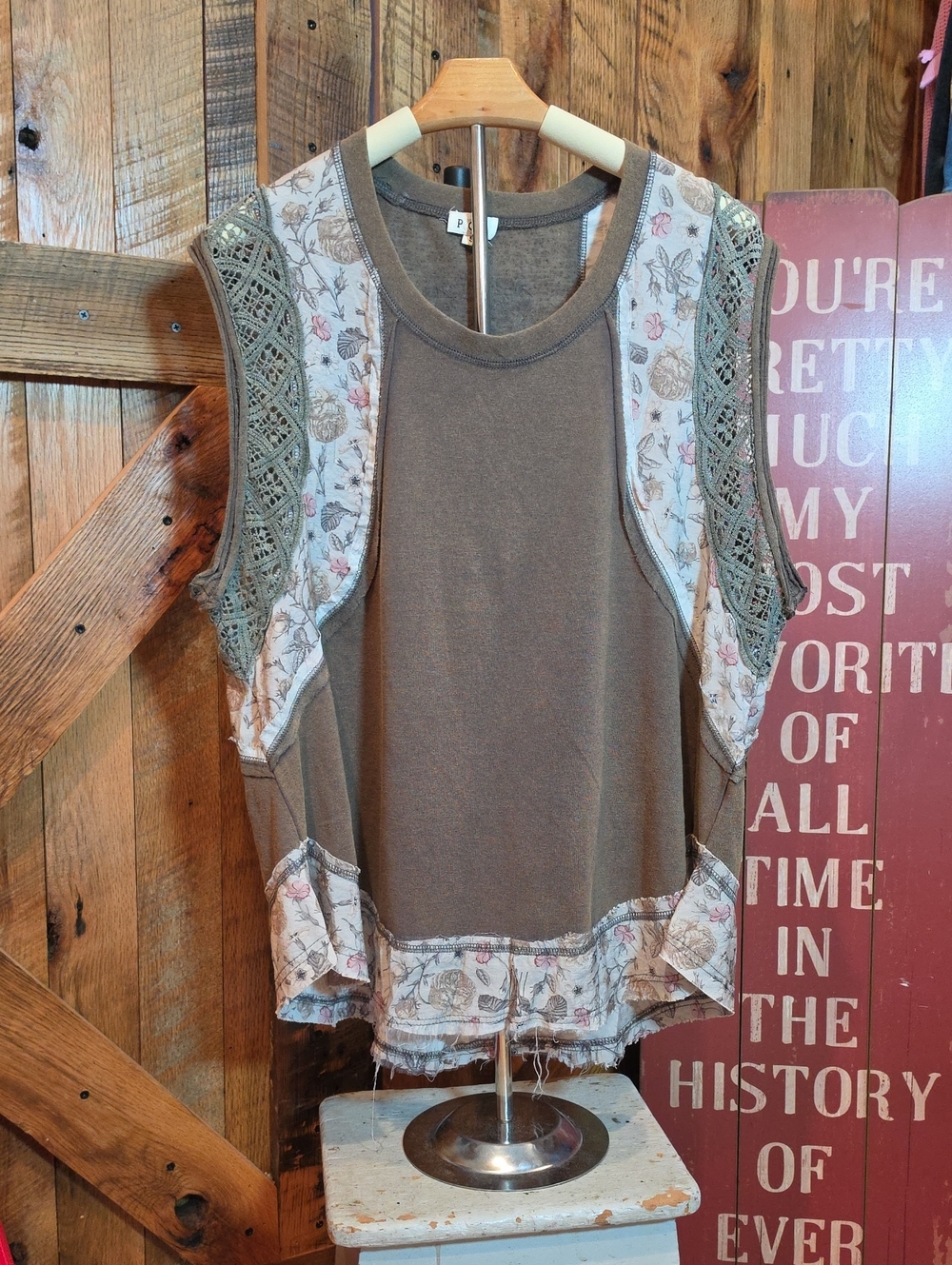 230p POL Taupe Mixed-Media Sleeveless Tank with Floral & Crochet Panels